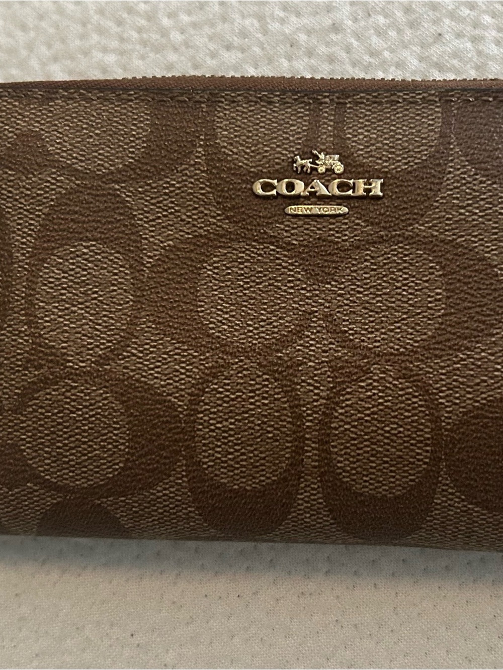 Coach Brown Signature Jacquard Zip Wallet with Gold Logo